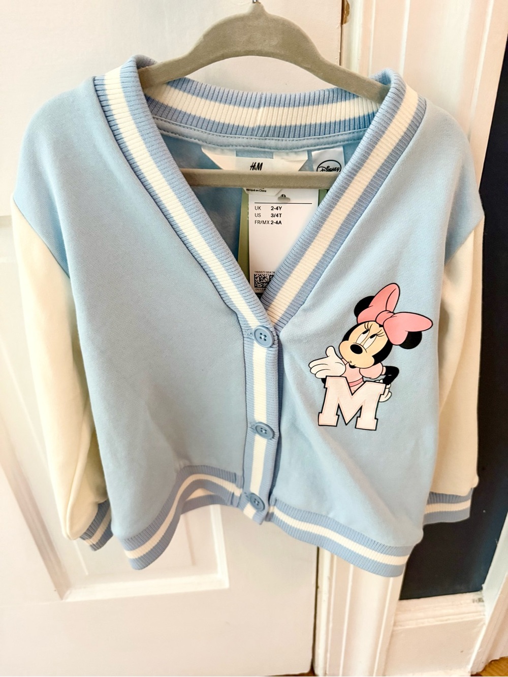 Disney H&M Kids Minnie Mouse Light Blue & White Button Sweatshirt Cardigan 2-4yr